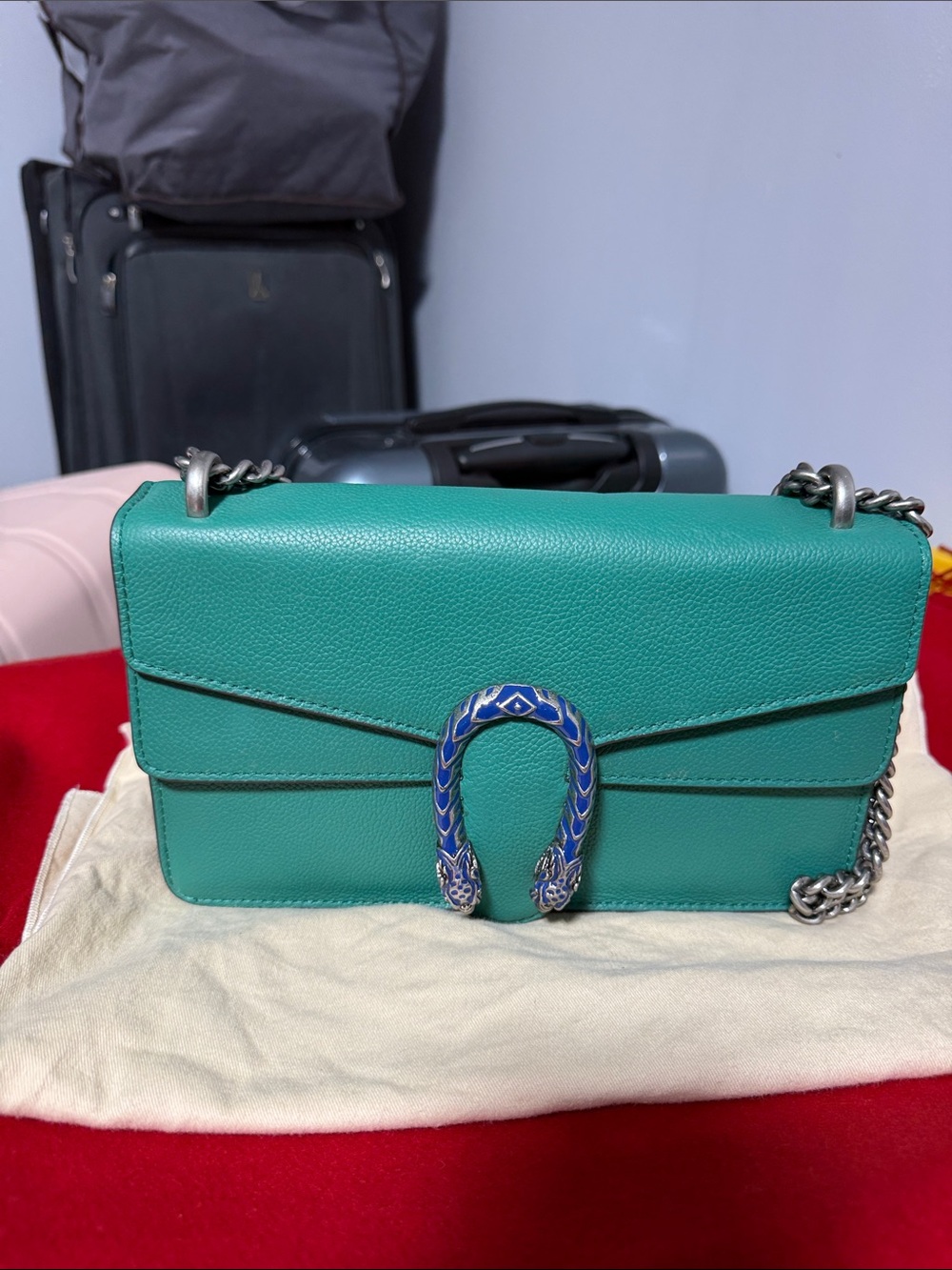 Green Leather Shoulder Bag with Blue Snake-Style Hardware
